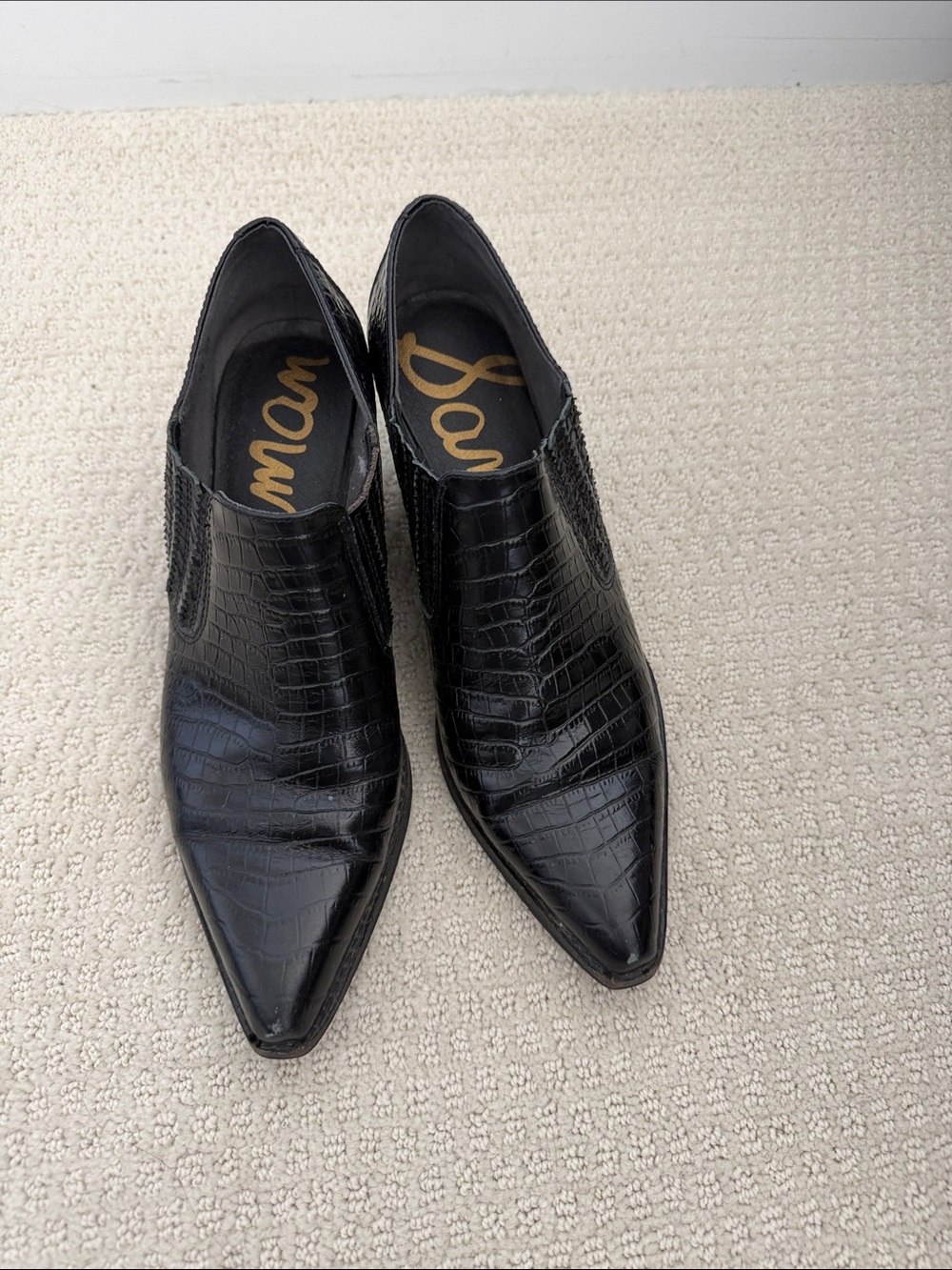 Sam Edelman Black Croc-Embossed Pointed Slip-On Oxfords